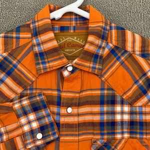 Red Camel Shirt Flannel Men Small Orange Blue Plaid Pearl Snap Long Sleeve #9572